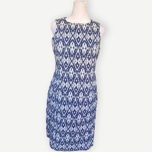 Anne Klein Sleeveless Navy Blue White Ikat Print Lined Zip Back Sheath Dress. 6.